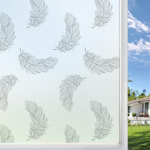 Qualsen Vinilos para Cristales Patrón de Plumas Vinilo Ventana Privacidad Translucido Decorativos Lámina Privacidad Ventana Electrostaticos Anti UV Vinilo Adhesivo Cristal para Hogar, 44.3x200cm