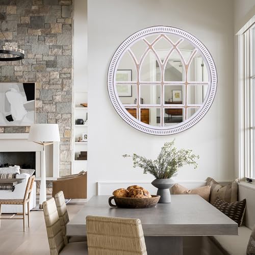 Image of 36 Inch Round Wood Window Mirrors, Farmhouse Windowpane Wall Mirror | Large Decorative Accent, Boho Look, for Entryway, Living Room, Hallway, and Fireplace Mantel Styling