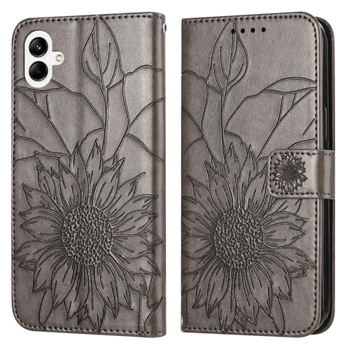 Étui Galaxy A05 portefeuille gris avec porte-cartes et motif floral en relief