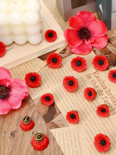 Image of JUNEBRUSHS 28 Pcs Memorial Day Poppy Flower Pins Resin Red Poppy Brooch Lapel Pin Lest We Forget Poppy Pins for Remembrance Veterans Day Wedding Home Garden Decoration (2 Size)
