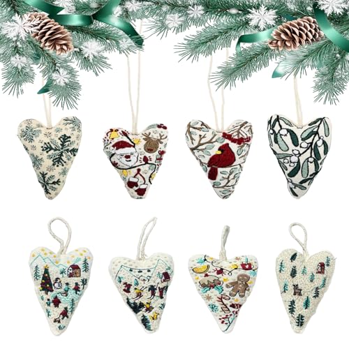 GDGJWL DIY Heart Shaped Hand Embroidered Christmas Ornament Kit Complete Craft Set with Pre-Printed Fabric Embroidery Thread Holiday Cross Stitch Decor for Beginners Adults and Home Decor (DIY)