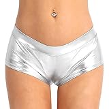 Freebily Damen Metallic Hotpants Glänzend Mini Booty Shorts Panties Disco Miederpants Gogo Leggings Kurze Hose Sommer Tanz Shorts Silber M