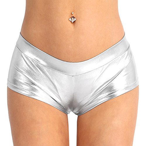 Agoky Femme Shorts Boxer Simili Cuir Brillant Shortie Collant Mini Danse Jazz Pole Dance Club Bar Bistro Pantalon Court Moto Casual Shorty Clubwear S-XL Argenté L Cover