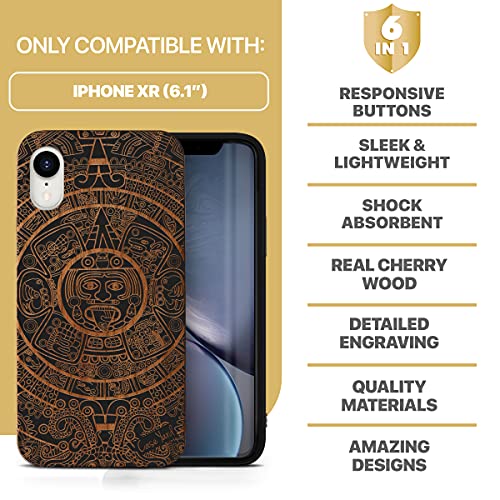 Caseyard Wood Phone Case For Iphone Xr Laser Engraved Maya Calendar Design Black Wood Compatible Iphone Case Protective Shockproof Slim Fit Cell Phone Cover For Men & Women #TOP6