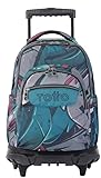 TOTTO - Mochila Escolar con Ruedas, Modelo Renglones, Capacidad 26,21 Litros, Bolsillo para PC 14" y Bolsillo para Botella, Correas en S para Mayor Comodidad, Resistente, Estampado Gris y Azul