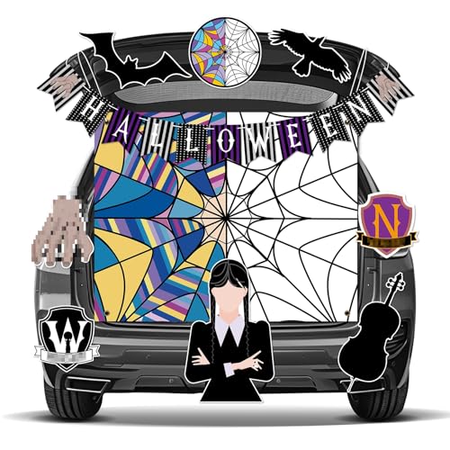 Halloween Trunk or Treat Car Decorations Kit for SUV ,Wednesday Theme Trunk Decor with Banner, Backdrop, Props – Indoor, Garage, Yard Halloween Party Setup for Kids
