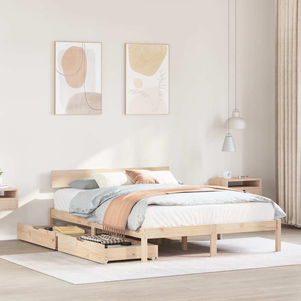 Estructura de Cama de Madera Maciza de Pino para Dormitorio de 140x190 cm con Base de Listones y cajones con Ruedas, Soporte Resistente y diseño rústico Ideal para Descanso y Almacenamiento