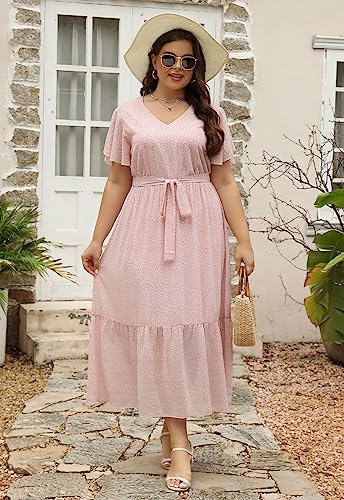 Image of Nemidor Plus Size Women Casual Maxi Dresses Print Bobo Belted Layered Chiffon Summer Long Dress with Ruffle Sleeve