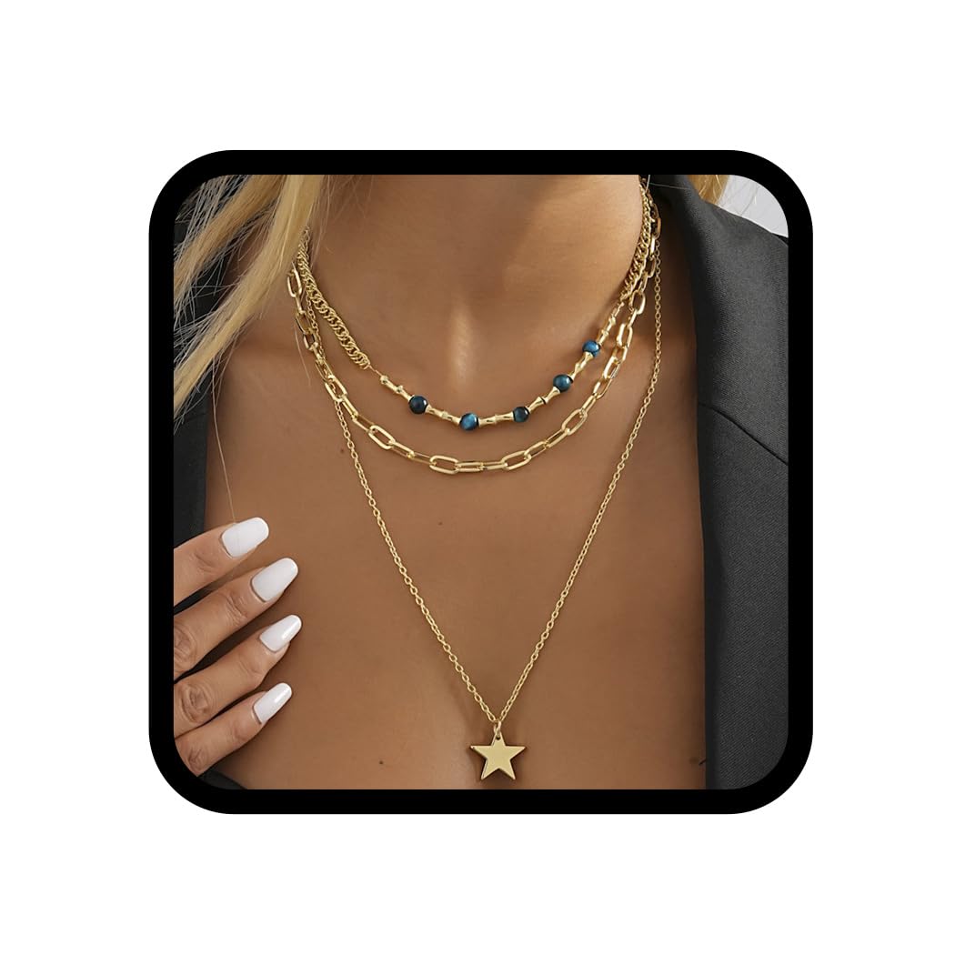 Handcess Collar bohemio en capas con cuentas doradas, collar con colgante de estrella, joyería Chian para mujeres y niñas, sin talla, Estrella