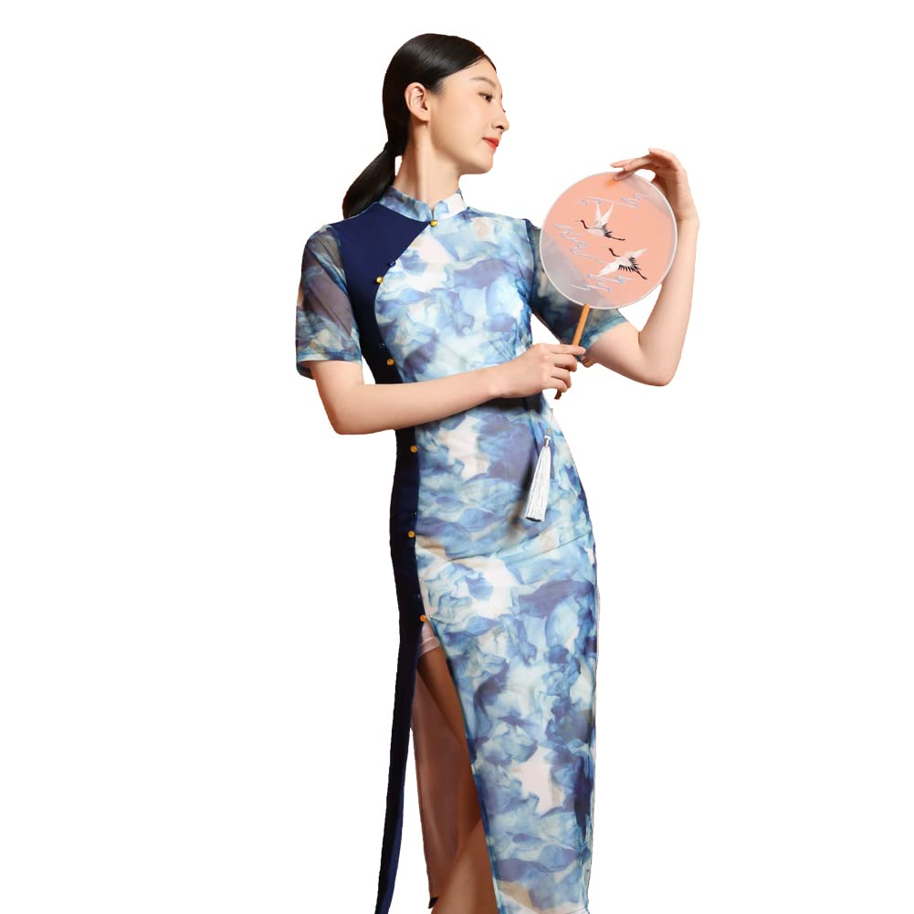 ROYAL SMEELA Abito Cinese Blu Qipao Abito Cinese Tradizionale Donne Vestito Stile Cinese Cheongsam Fiore Maniche Corte Abiti Tradizionale Cinese Fiore Stampa Abito da Sera Cocktail Abito da Festa