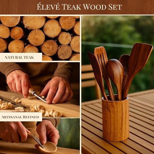 Elevated Natural Teak Wood Utensil Collection – 9 Piece | Artisan Cooking & Serving Spoons | Eco-Friendly, Durable & Non-Stick Safe Kitchen Tools - Image 7