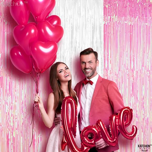 Image of KatchOn, Xtralarge White and Pink Backdrop - 3.2x8 Feet, Pack of 3 | Pink and White Streamers for Bridal Shower, Gender Reveal Decorations, Bachelorette Party Decoration | Valentines Day Decorations