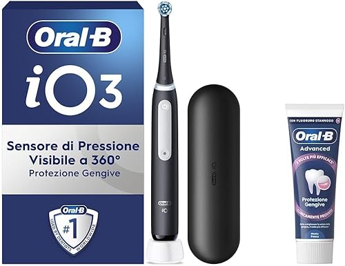 Oral-B Cepillo de dientes eléctrico recargable iO 3 negro, 1 cepillo de dientes eléctrico, 1 cabezal de repuesto, funda de viaje + pasta de dientes Oral-B Advanced protección encías, limpieza dental