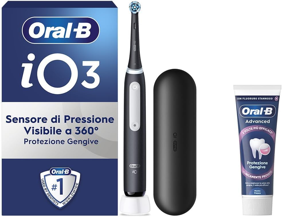 Oral-B Elektryczna szczoteczka do zębów wielokrotnego ładowania, iO 3 czarne, 1 x elektryczna szczoteczka do zębów, 1 x wymienna główka, etui podróżne + pasta do zębów Oral-B Advanced ochrona dziąseł