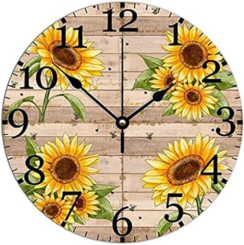Farm Sunflowers Bee 12inch Wooden Clock Silent Non-Ticking Battery Operated Wood Wall Clocks Farm Botanic Sunflower Wooden Texture Wood Clock Rustic Farmhouse Decor For Bedroom Office