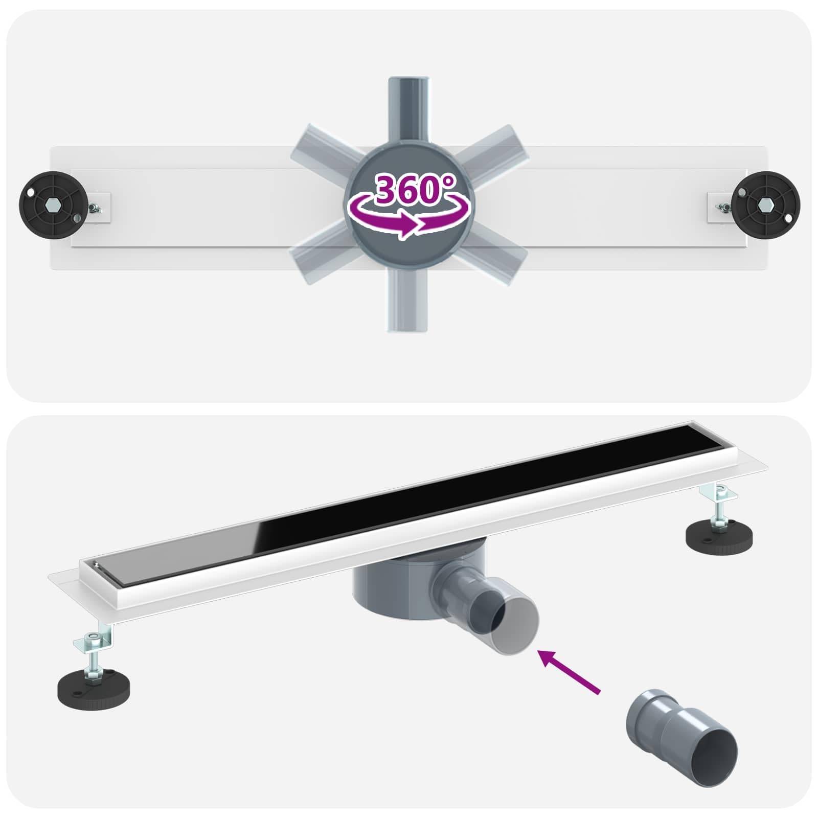 Duschabfluss mit Glashülle und 360° Siphon, Edelstahl 304 schwarz, 60 cm, höhenverstellbar 0-30 mm, fliesenfähig, abnehmbar für Dusche Bad Sanitär