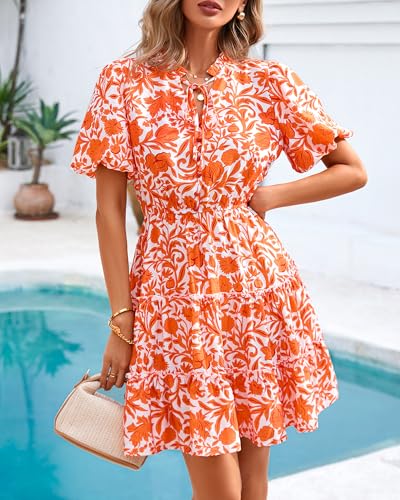 Image of BTFBM Women Summer Floral Short Dresses V Neck Short Sleeve Tiered Ruffle Boho Swing Dress A-Line Mini Dresses