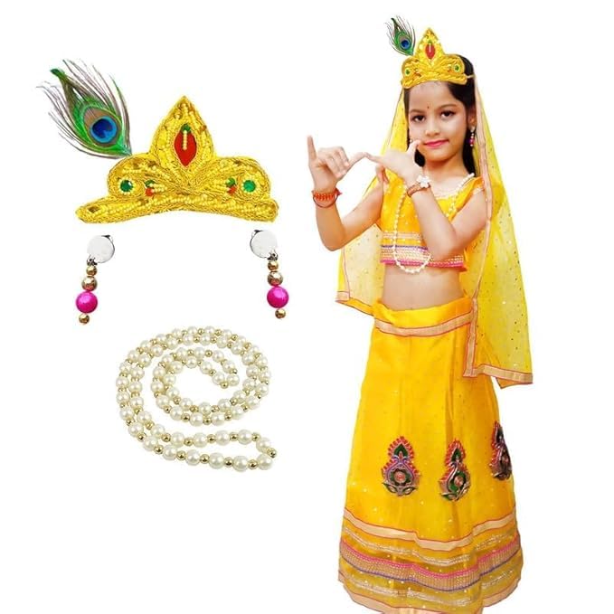 Image of Sarvda Krishna & Radha Dress for Kids - Complete Janmashtami Costume Sets with Dhoti /Lehenga, Mukut, Mor Pankh, Bansuri & Accessories | Fancy Dress for Baby Boys & Girls