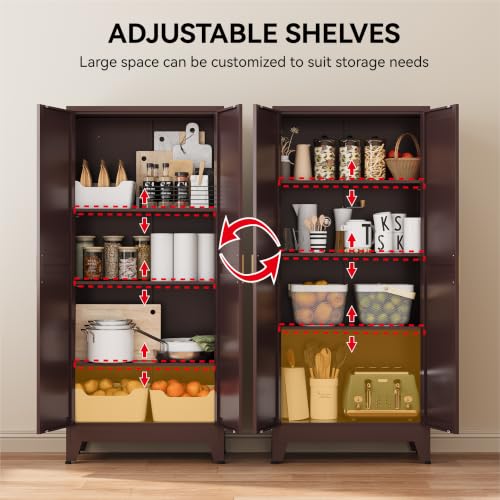 Image of COFaR 61 inch Metal Storage Cabinet with Doors and Adjustable Shelves, Tall Pantry Cabinet Freestanding Kitchen Pantry Storage Cabinet, Steel Cupboard for Bathroom, Living Room & Office, Reddish Brown