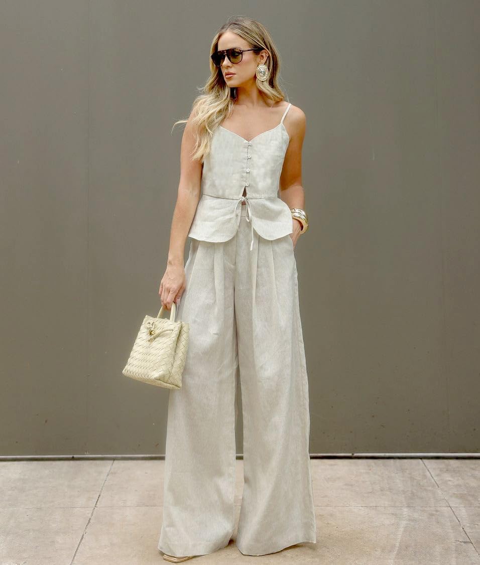 Women's 2 Piece Summer Outfit Button Down Peplum Cami Top and Wide Leg Pants Set Sleeveless 2 piece sets for women dressy
