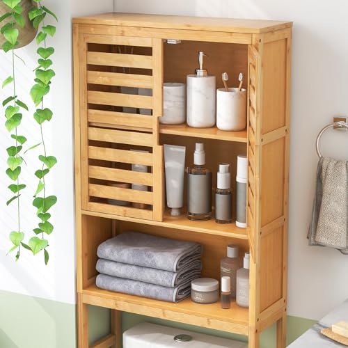 Tangkula Over The Toilet Storage Cabinet, Tall Natural Bamboo Bathroom Shelf Over Toilet with 2 Doors & Open Shelf, Freestanding Toilet Bathroom Space Saver, 24.5 x 9 x 67 Inch (Natural)