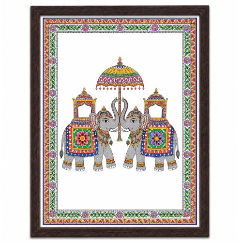 Image of PAPER PAJAMA Royal Elephant Vastu Wall Art for Living Room | Madhubani Elephant Pair Painting | Traditional Mithila Folk Art Framed Decor for Home, Office & Bedroom (10x13 Inches)