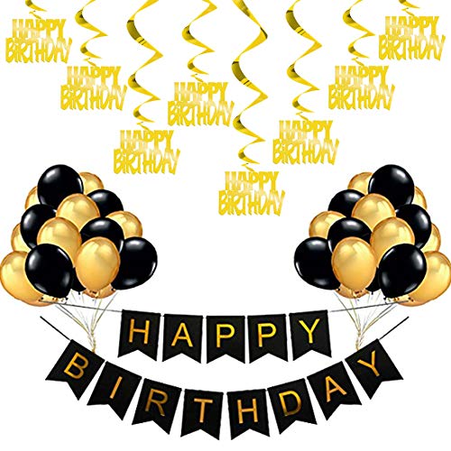 Image of Party Propz 43 Pcs Black & Gold Happy Birthday Banner, Balloons, Swirls Decoration Combo for 21st / 30th / 40th / 50th / 60th / Women /Adult /Kids Birthday Decoration
