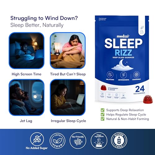 Image of Sleep Gummies with Melatonin, Ashwagandha & Chamomile | Promotes Deep Sleep, Reduces Stress & Calms Mind | Strawberry Flavour | 24 Veg Gummies