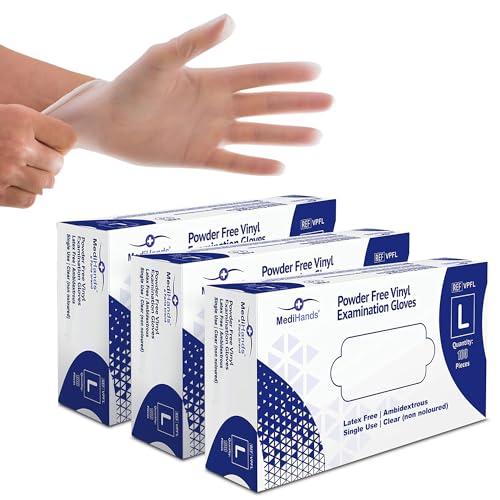 Farla Medical MediHands Clear Vinyl Gloves Large Disposable Surgical Gloves, Powder Free Latex Free & Protein Free, Food, Multi Use, Pack of 300