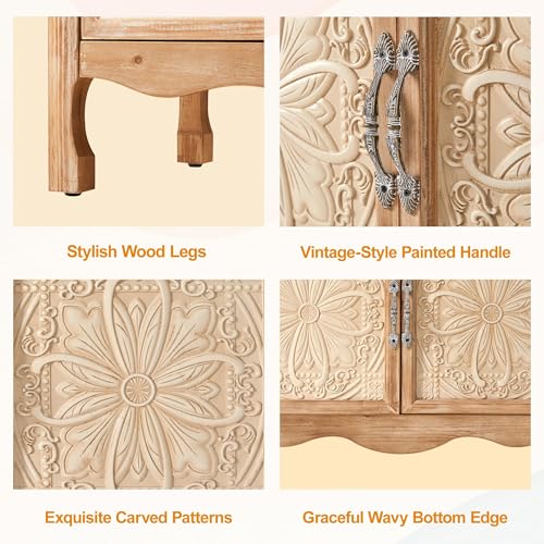 Image of RoyalCraft Sideboard Buffet Kitchen Storage Cabinet, Solid Wood Credenza Accent Cabinet, Cupboard Console Table with 2 Craved Decorated Doors for Dining Room, Living Room, Hallway (Natural)