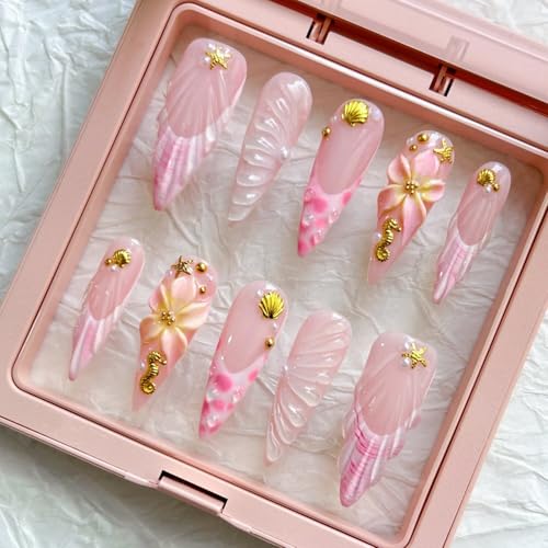10Pcs Press On Nails - MAGLFELL Handmade Stiletto Pink Fake Nails 3D Pink Carved Flower and Gold Plated Accessories Design Reusable Artificial False Nails for Women Acrylic Nails Kit (Size M)