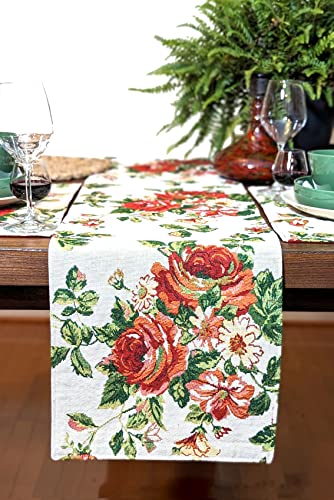 Tache Sweet Roses Spring Summer Traditional Country Vintage White Red Floral Decorative Woven Tapestry Dresser Kitchen Coffee Table Runners, 13X54 #TOP5