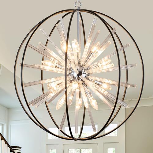 Vezzio 12-Light Black Crystal Sputnik Chandelier D27 Globe Modern Firework Ceiling Light Fixture for High Ceiling Foyer Entryway Stairway Dining Room Kitchen Island Bedroom