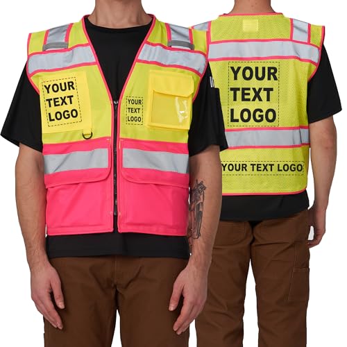 Image of A-SAFETY High Vis Reflective Safety Vest for Men Women Zipper Ipad Pockets Mesh Construction Apparel Neon Vest for Work