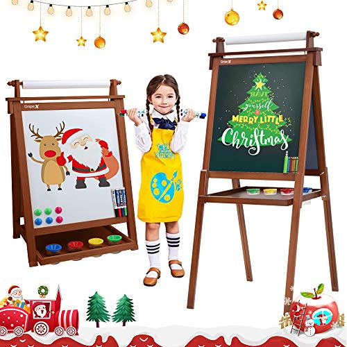 Dripex Art Easel for Kids, Wooden Standing Easel Height Adjustable, Double Sided Whiteboard & Chalkboard with Paper Roll and Accessories, Reddish Brown