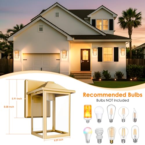 Image of Outdoor Wall Light Fixture, Exterior Waterproof Porch Lighting | Gold Patio Wall Lantern, Anti-Rust, Clear Glass, E26 Socket, Wall Mount Sconce Lighting, Outside Front Door Light Entryway