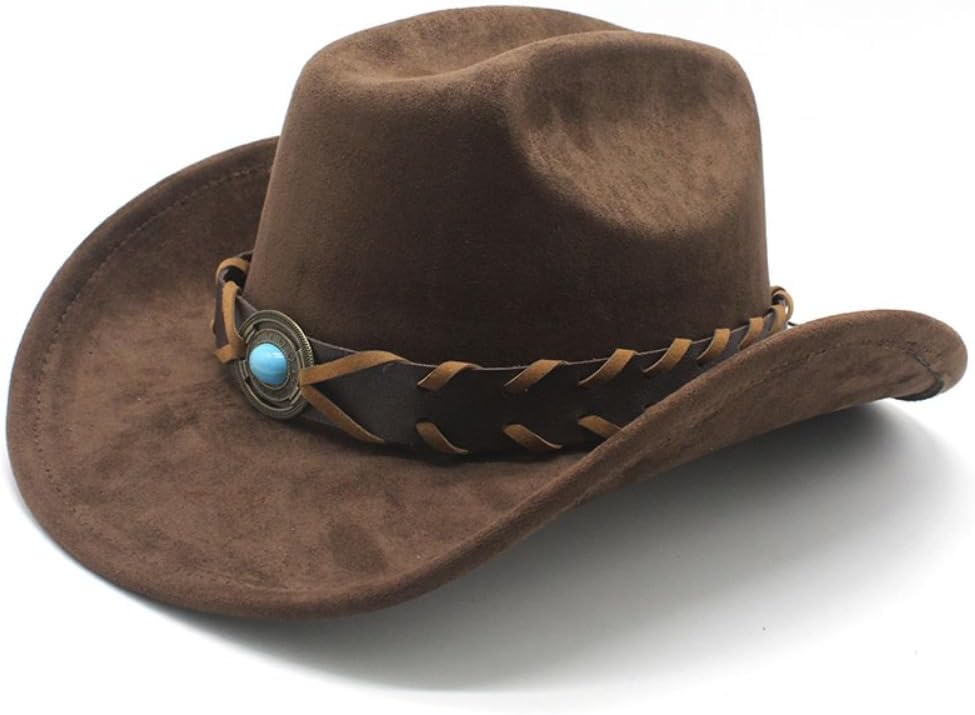 Western Cowboy Hat with Turquoise Stone Accent, Brown Felt Material, Wide Brim