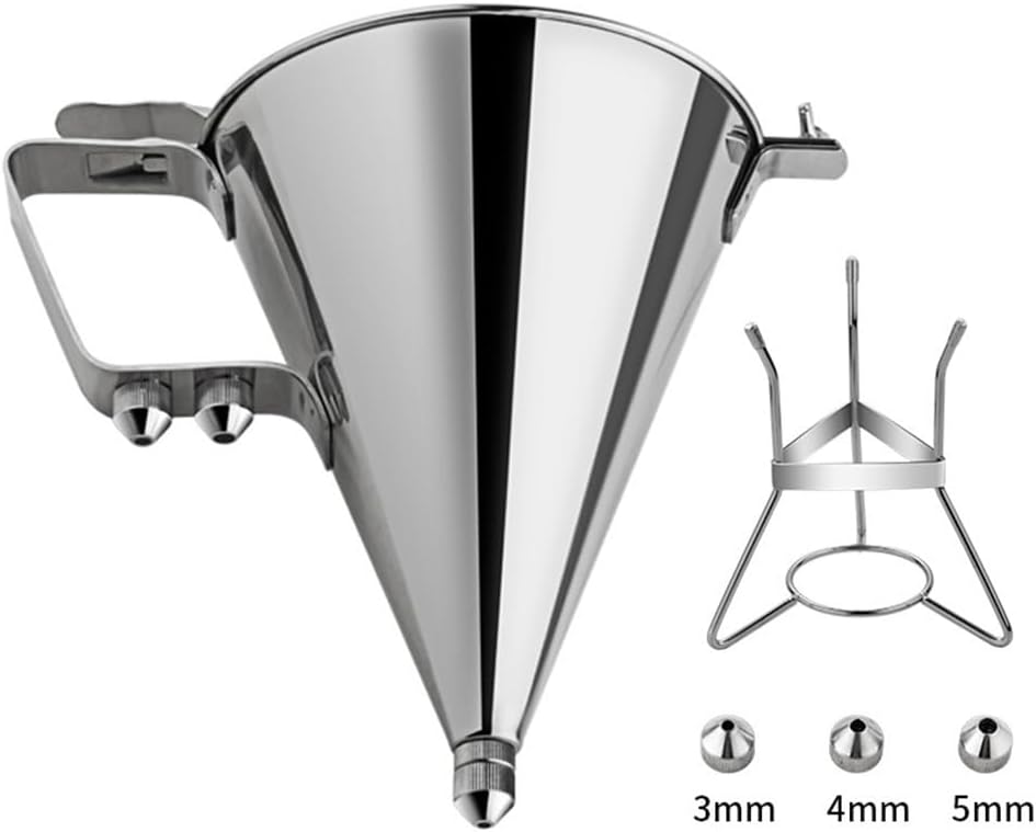 Stainless Steel Pancake Batter Dispenser Funnel with Spring Handle and 3 Nozzles Large 1800ML Capacity for Mess-Free Baking in Home Kitchens and Professional Bakeries