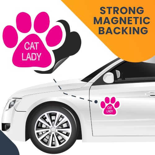 Image of Cat Lady Pink Pawprint Car Magnet 5 Inch 2 Pack, Dog Lover Gift, USA Made | Heavy duty magnetic decal for car, truck, SUV or fridge, full color UV printed