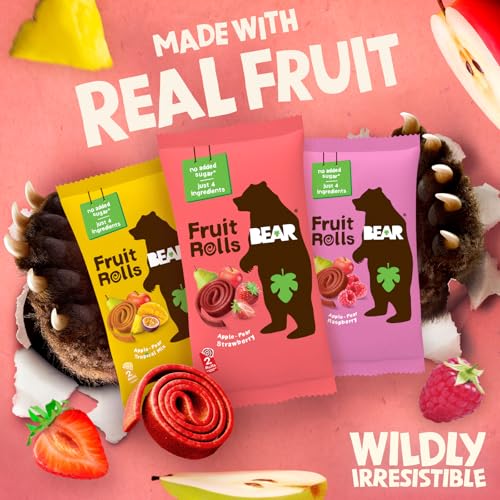Image of BEAR Real Fruit Snack Rolls - Gluten Free, Vegan, and Non-GMO - Variety Pack (Strawberry, Raspberry, Tropical)) - 48 Rolls, Healthy School and Lunch Snacks for Kids and Adults, 0.7 Ounce (Pack of 24)