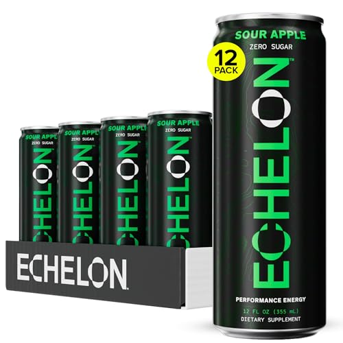 Echelon Performance Energy Drink Sour Apple Zero Sugar 200mg Natural Caffeine Muscular Endurance Nootropic Focus Prebiotic Fiber B Vitamins 12 Cans