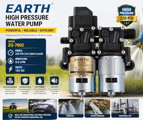 Image of Earth High Pressure Pumps 12v DC Water Pump Diaphragm Pump Double Motor Pump Without Cover,Motor (250 PSI FLOW RATE- 4452 Copper 10 Leter Par Minute. without cover