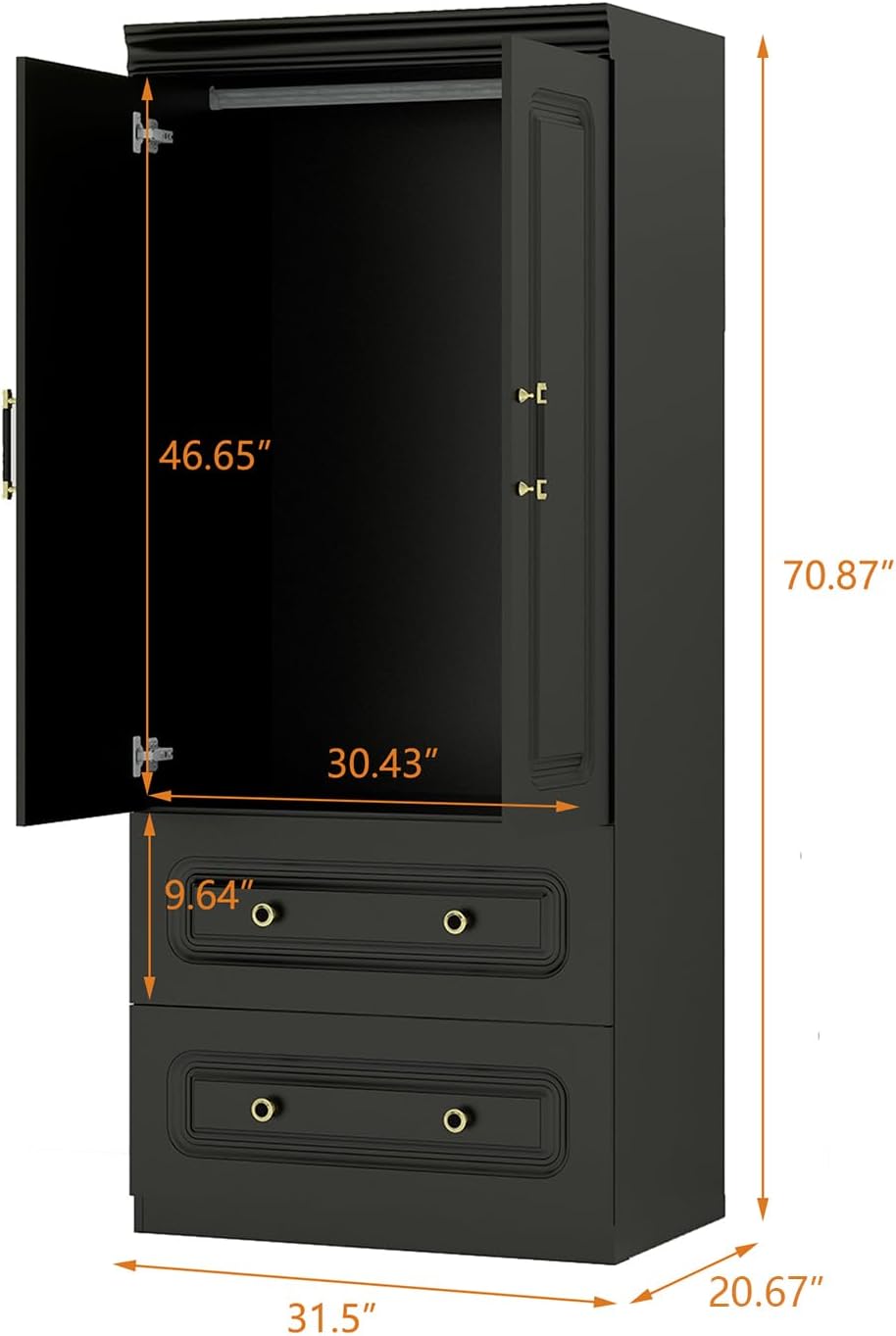 Wood Wardrobe Closet,Large Storage Cabinet， 2 Door Design，Armoire with 2 Drawers and Hanging Rod， Suitable for Bedroom Black(31.50 ”W x 20.67 “D x 70.87 ”H)