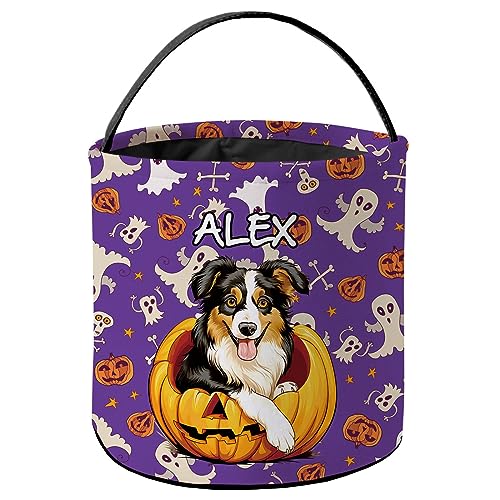 KafePross Personalized Halloween Trick or Treat Bag Australian Shepherd Dog Cute Puppy Pumkin Ghost Decor Basket Candy Gifts Bucket for Kids 9 x 9.8 Inch Purple