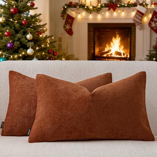 a moment Pack of 2 Decorative Christmas Chenille Throw Pillow Covers with Twill Cushion Covers for Sofa Living Room Couch Bed 12x20 Inch Rust