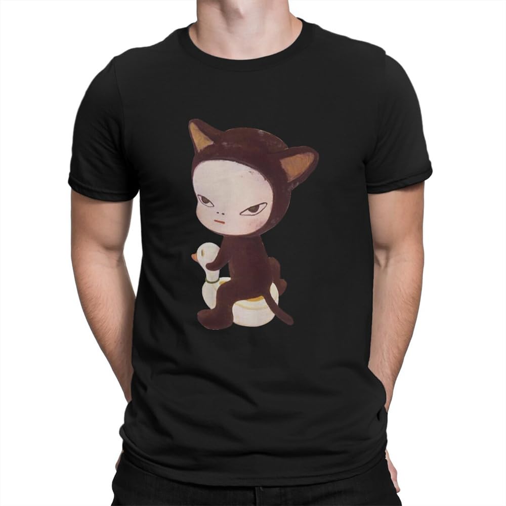 Cute Cat Men T Shirts Yoshitomo Nara Japanese Artist Novelty Short Sleeve Round Pure Cotton Gift Idea Clothes. Black S