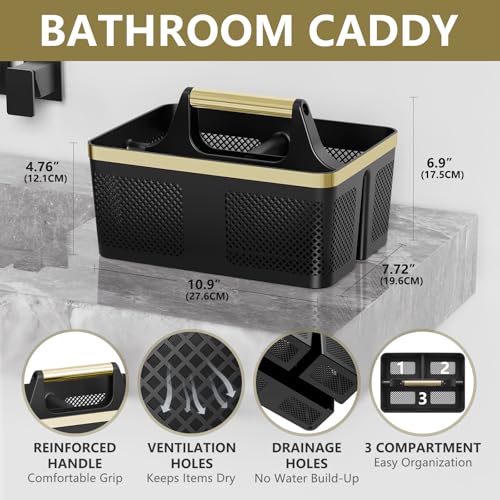 BYUNER Shower Caddy Dorm Men: Plastic Bathroom Caddy Organizer with Handle and Holes, Bath Caddy for College Dorm, Portable Shower Basket Tote for Toiletry, Travel, GYM, Camp Essentials Black/Gold