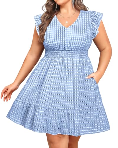 Image of Talisea Women's Plus Size Summer Dress - Casual V-Neck Flutter Sleeves A-Line Short Sun Dress with Pockets for Beach Vacation