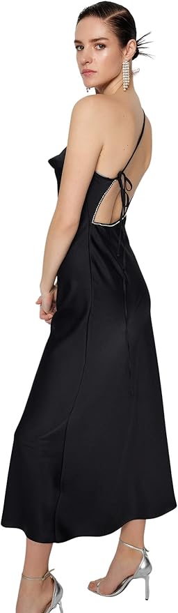 Vestido Cuello Alto Elegante Vestido Noche Mujer Trendyol - Tejido Ajustado, Negro, Cuello Alto, Poliéster Elastano Poliester Elastano Cómodo