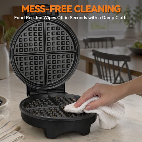 Image of Baker's Friend 7-Inch Classic Waffle Maker, Ceramic, Browning Control, 900W | A thin waffle iron with fine-grid plates for one 7-inch waffle, indicator lights, upright storage, and cleaning brush.